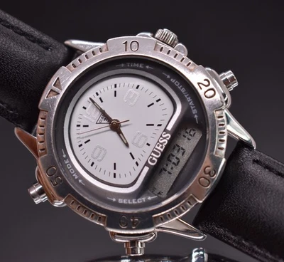 Vtg GUESS Analog Digital Watch Men 1994 Chrono Alarm Leather NEW BATTERY & BAND - Image 1 of 4