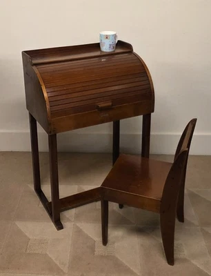 Schulschreibtisch Rolltambour Rolltop Sekretär Schreibtisch Kinderhaus Original Hocker - Bild 1 von 4