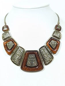 Golden Brown Acrylic Panel Ornate Tribal Statement Necklace Bib 20 in - Picture 1 of 9