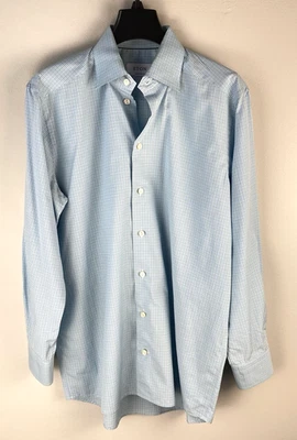 Camisa social Eton masculina contemporânea xadrez azul verde tamanho 15.5-39 - Imagem 1 de 4