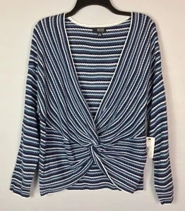 a.n.a A New Approach Sweater Women LG Blue Striped Twisted Front Long Sleeve NWT - Picture 1 of 6