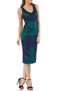 JS COLLECTIONS Green Blue Purple Lace Embroidered Soutache V-Neck Sheath Dress 4 - Picture 1 of 4