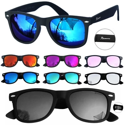 Marken Sonnenbrille Rennec Schwarz Blau Orange Verspiegelt Nerd R12 six Edition