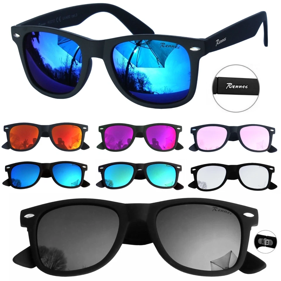 Marken Sonnenbrille Rennec Schwarz Blau Orange Verspiegelt Nerd R12 six Edition