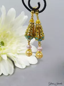 Glass Jewels Earrings Ear Studs Gold Pearls Unusual Turquoise Pink Yellow #D024 - Picture 1 of 4