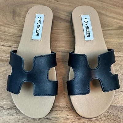 New NWOB Big Kids Steve Madden Hoku Black Leather Slides Sandals Size 2.5 Y - Image 1 of 4