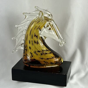 Horse Head Art Glass Figurine Murano  Sommerso Amber Clear Wood Base 7.5” - Picture 1 of 6