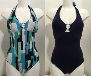 Moontide Navy Blue Swimsuit UK 10 Reversible Halterneck Swimming Costume Padded - Picture 1 of 12