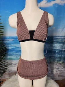 NWT Women's Cupshe Two Piece Swimsuit Size Medium Textured Brown Gold. - Picture 1 of 5