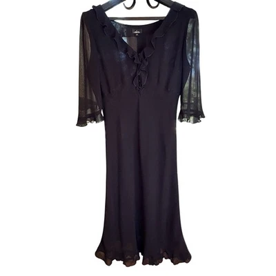 Mica Black Ruffle V-Neck Dress Rayon Sheer Lined 3/4 Sleeve Beautiful - Size 6 - Image 1 of 4