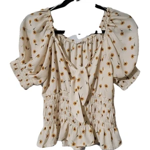 Sienna Sky Size M Floral Cream Puff Sleeve Blouse w/ Ruffled Smock Details - Picture 1 of 6