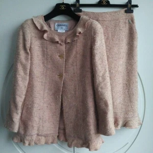 CHANEL Women's Tweed Suit Set Jacket Skirt Frill Pink Ceremony Formal Coco Logo - Picture 1 of 20