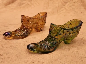 A Vtg Smith Daisy and Button Amber & A Multi Colored Carnival Glass Slippers - Picture 1 of 8