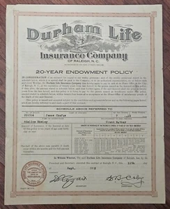 1922 DURHAM LIFE INSURANCE POLICY .....  Vintage Insurance Policy - Picture 1 of 5