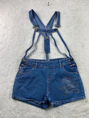 Route 66 Denim Overall Shorts Blue Skull Rhinestone Pink Stitching Altered - Image 1 of 4