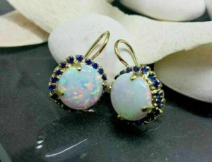 2Ct Round Lab Created Fire Opal Drop/Dangle Halo Earrings 14K Yellow Gold Plated - Picture 1 of 4