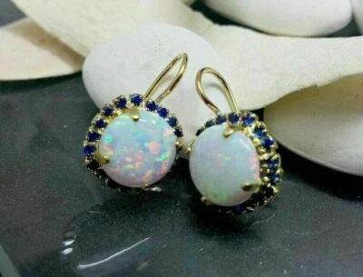 2Ct Round Lab Created Fire Opal Drop/Dangle Halo Earrings 14K Yellow Gold Plated - Image 1 of 4