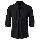 Mens Cotton Linen Long Sleeve Gothic T-shirt V Neck Lace Up Tops Tunic Blouse