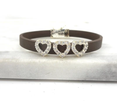 New Women's Sterling Silver Bracelet Brown Rubber Crystal Silver Hearts All 925 - Image 1 of 2