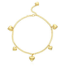 14K Yellow Gold Puffed Hearts Charm Cuban Link Anklet Bracelet 9"-10" Adjustable
