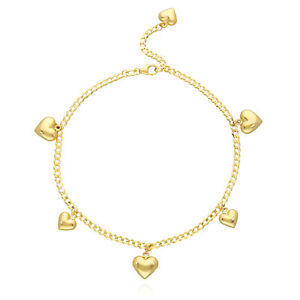 14K Yellow Gold Puffed Hearts Charm Cuban  Anklet Bracelet 9"-10" Adjustable