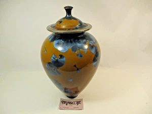Tim Marcotte Signed Blue on Olive Crystalline Porcelain Covered Ginger Jar Vase - Picture 1 of 13