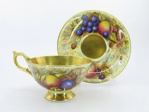 AYNSLEY Orchard Gold Teacup & Saucer Gold Interior Signed N. Brunt Smooth Rim - Picture 1 of 5