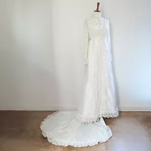 XS VTG 70 Wedding Dress Ivory White Lace Floral High Neck Prairie Victorian Gown - Picture 1 of 10