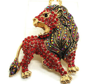 Big LION King LEO Astrology ZODIAC Rhinestone Necklace Pendant Brooch Red BJ
