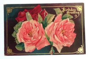 Birthday Greeting Roses Flowers Embossed Gel Coated TP & Co Postcard c1910s - Picture 1 of 5