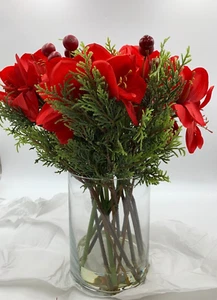 Pottery Barn Faux Amaryllis Floral Composed Holiday Arrangement Red 17" #4527A - Picture 1 of 6