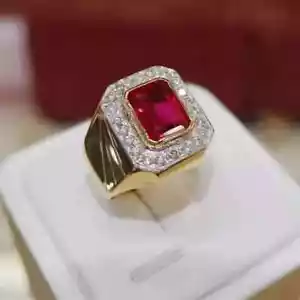 Lab Created Red Ruby Wedding Men's Ring 14K Yellow Gold Plated - Picture 1 of 5