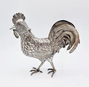 SCATOLA PORTA SPEZIE GALLO/GALLO ARGENTO MASSICCIO OLANDESE DEL XIX SECOLO - ALTEZZA 7,5 POLLICI - Foto 1 di 19