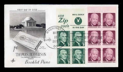 1278b/1395b 1c JEFFERSON/8c EISENHOWER BOOKLET PANE of 4 FDC - ARTCRAFT - Image 1 of 2