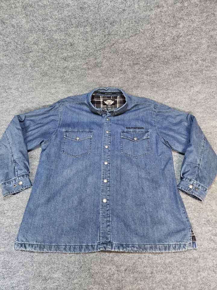 Harley Davidson Lone Wolf Flannel Lined Jean Shacket Mens 2XL XXL Blue - Image 1 of 4
