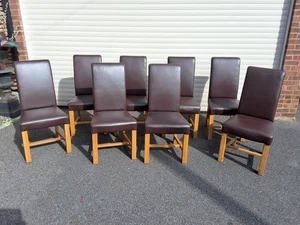 Oak & Brown Faux Leather Roll Top Dining Chairs x 8 - Picture 1 of 10