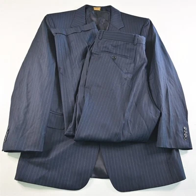 Jos A Bank 42R 34x30 Navy Blue Striped 100% Wool Mens Jacket Pants Suit - Image 1 of 4
