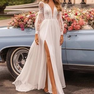 Boho Wedding Dress Deep V-Neck Lantern Sleeve Backless Short Trail Bride Gowns - Picture 1 of 10