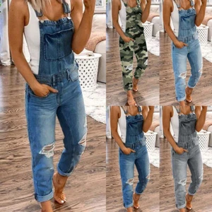 Womens Denim Jumpsuit Dungaree Ladies Casual Overalls Bib Ripped Jeans Pants - Picture 1 of 17
