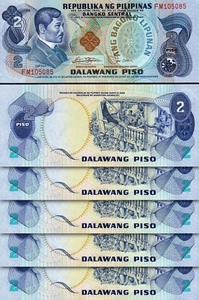 Philippines 2 Piso 1978, AUNC / UNC, 5 Pcs LOT, P-159c, Sign-9, Red Serial - Picture 1 of 4