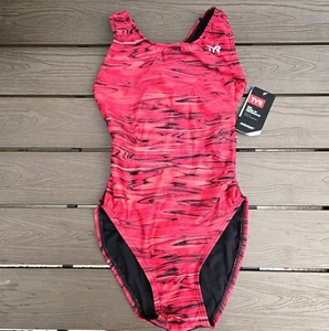 TYR Durafast Maxfit Hydra 1pc Swimsuit - Red Stripe Youth Girls Size 22 New - Picture 1 of 3