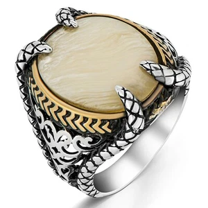 Solid 925 Sterling Silver Oval Mother of Pearl Stone Claw Design Men's Ring - Picture 1 of 4