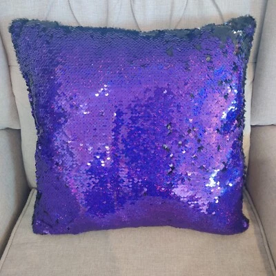 Purple And Black Reversible Sequin Pillow 17 X 17 Soft Faux Fur Glittery  - Image 1 of 4