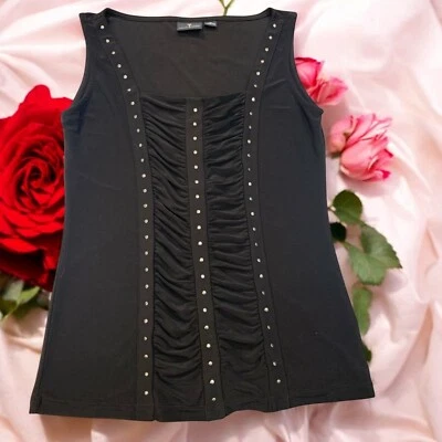 Camiseta sin mangas Corset Look para mujer XS negra fruncida frontal vanguardista tachonada ribete cuello cuadrado Foto 1 de 4