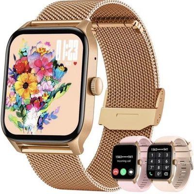 Smartwatch Damen Bluetooth Anrufe Puls Blutdruck Schlaf Tracker Gold - Bild 1 von 4