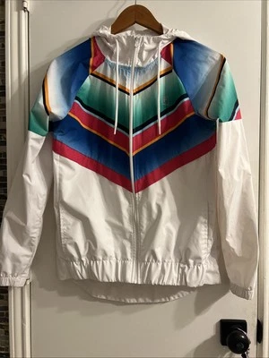 Vintage Y2K FILA White Colorful Striped Full Zip Hooded Windbreaker Jacket Large - Image 1 of 4