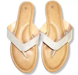 #494 New Ladies Thong Sandles White Tan Studded Size 8 9 8/9 - Picture 1 of 1