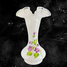 Vintage Fenton Silver Crest Hand Painted Vase Purple Flowers Ruffled Top Glass