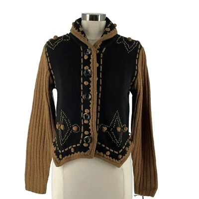 NWT Vintage Dead Stock Hand Embroidered Mixed Knit Bobble Black Tan Cardigan S - Image 1 of 4