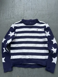 Tommy Hilfiger Knit Sweater Blue White Striped Stars Girls M 8-10 - Picture 1 of 3